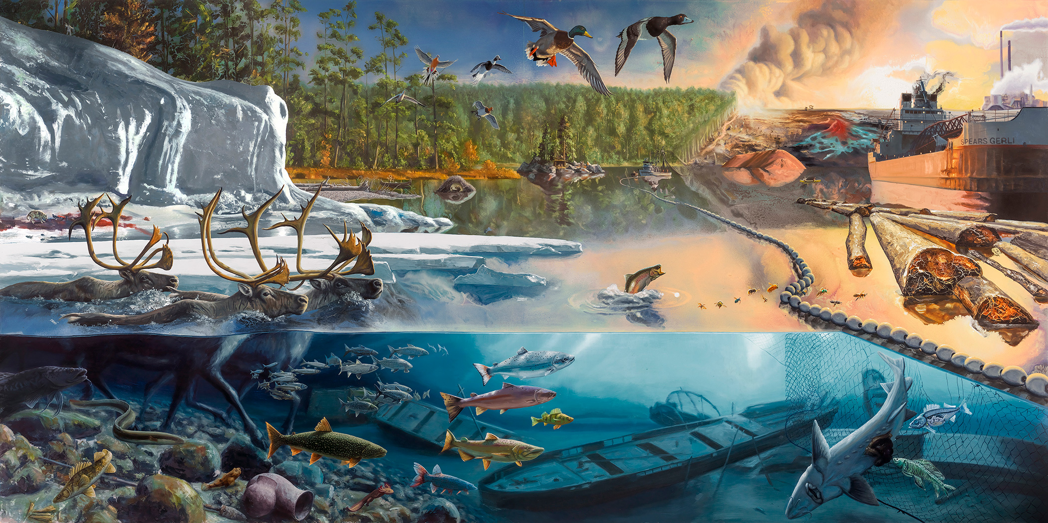 1.Cascade, 2015. Oil and alkyd on wood panel, 72 x 144 inches. Commissioned by Grand Rapids Art Museum with funds provided by Peter Wege, Jim and Mary Nelson, John and Muriel Halick, Mary B. Loupee, and Karl and Patricia Betz. Grand Rapids Art Museum, 2015.19